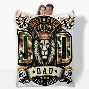 "BEST EVER DAD THE KING" Flannel Blanket ​   featuring a majestic crowned lion & camo "D"s. Ultra soft, cozy for all seasons, perfect for decor & naps. The ultimate heartfelt gift from a son or daughter!