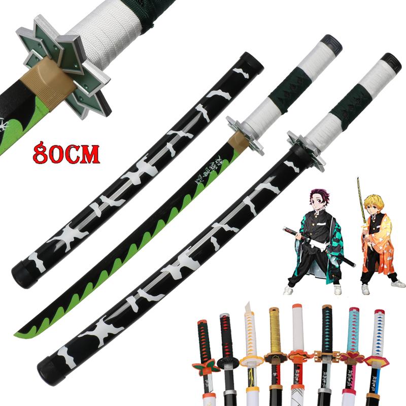 ELERVINO 31 inches Bamboo Wooden Demon Slayer Cosplay Sword Shinazugawa Sanemi Swords with White Belt & Holder Stand Display for Halloween Anime Role Playing Props Cosplay Collection Decoration Christmas Gift Birthday Decoration