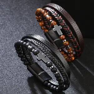 Genuine Leather Bracelet for Men, Minimalist Leather Wristband, Cowhide Bangle with Magnetic Clasp, Fashion Hand Jewelry