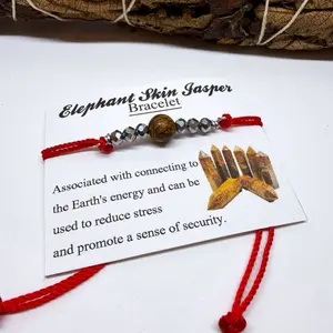 Elephant Skin Jasper Bracelet with Brown Jasper & Silver Beads Adjustable for Men & Women Red Cord Stress Relief & Security