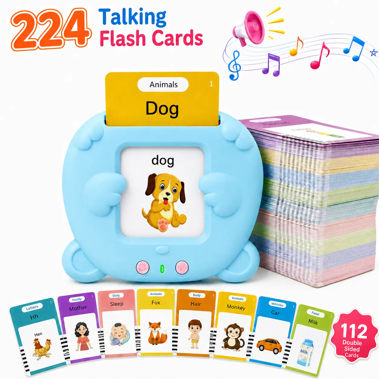 224 Words Talking Flash Cards for Toddlers, 112 Double-Sided English Learning Cards with Interactive Card Reader, Screen-Free Preschool Educational Toy for Vocabulary, Pronunciation & Early Learning, Birthday Gift for Kids Ages 2-6