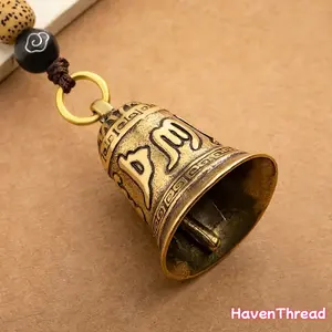 HavenThread Vintage Brass Buddhism Mantra Bell Keychain Engraved 6-Word Truth Mantra Fashionable Car Key Pendant for Men
