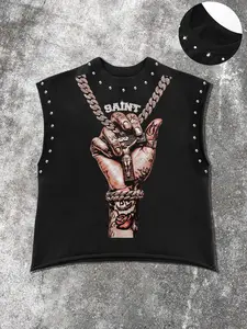 Men's Casual Vest with Letter Print and Tattoo Hand Detail, Fashion Versatile Regular Fit, Trendy Street Style for Men, Casual Sleeveless Tank