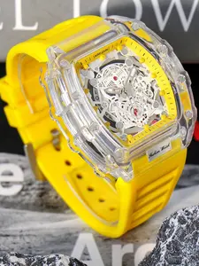 Men's Fashion Clear Watch, Casual Sporty Waterproof Quartz Watch with Silicone Strap, Trendy Watch for Daily Life, with Box