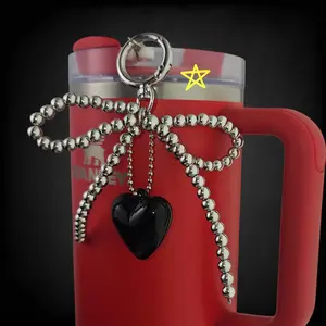 Beaded Ribbon Bow and Black Heart Tumbler Charms
