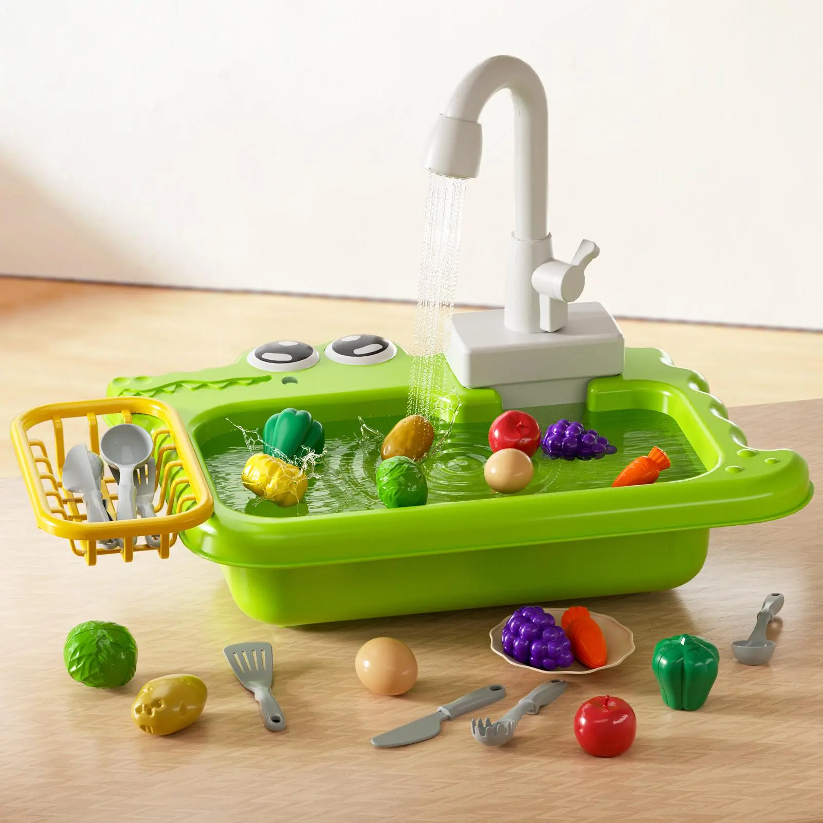 Kitchen Sink with Faucet and Tap Water Circulation, MerryChristmas Gift,Brithday Gift,Fruit&Vegetable&Tableware Toy Accessories, Pretend Play,Role Play Kitchen Sink Toy,Kitchen Experience Set
