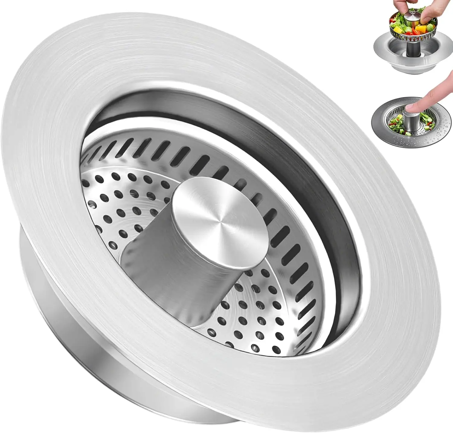 3-in-1 Kitchen Sink Drain Strainer & Stopper, Stainless Steel Food Catcher Plug with Filter Basket, Fits 3-1/2 Inch Drain Hole, Universal Sink Protector Cover, Anti-Clogging, Silver (Sus304, 1/2Pack)