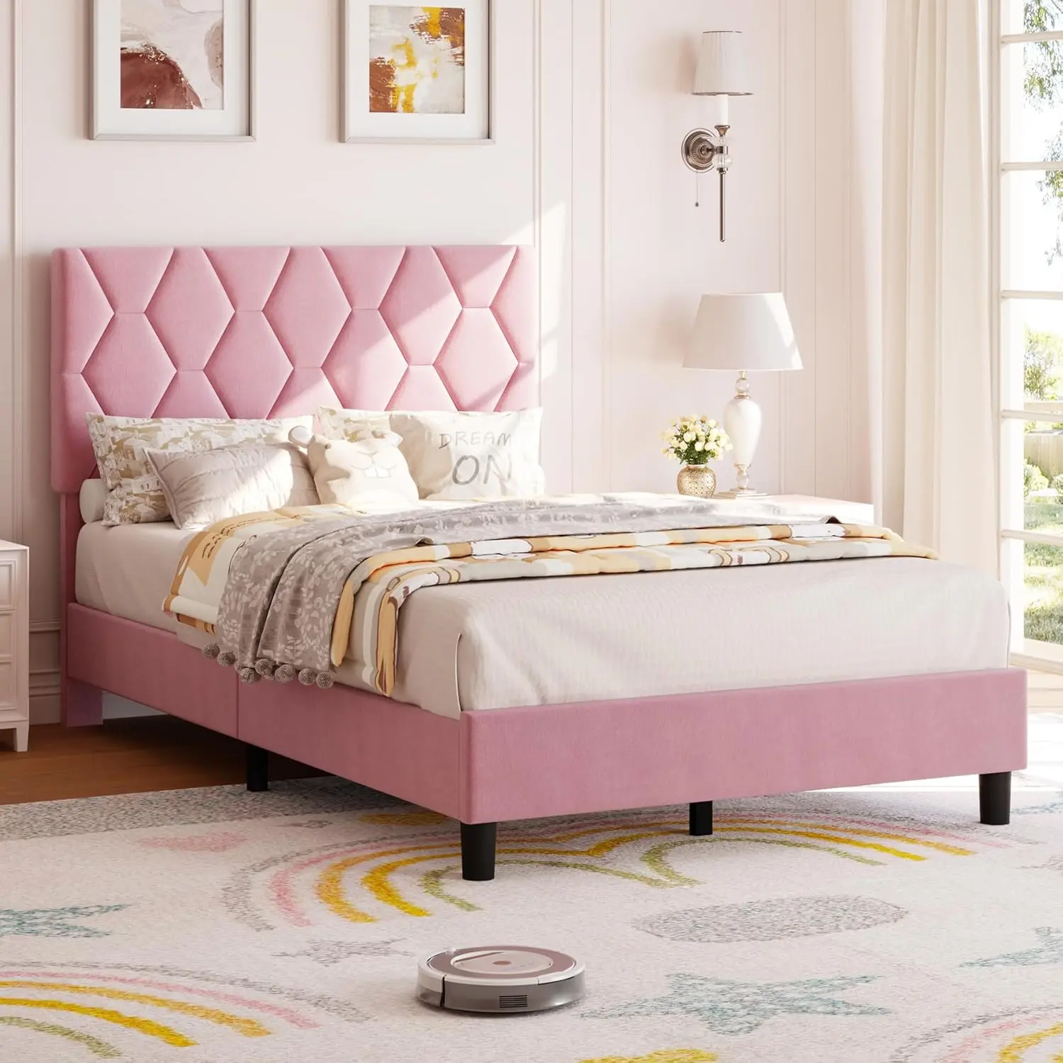 Full Size Pink Upholstered Bed Frame with Diamond Tufted Headboard, Heavy-Duty Platform, Sturdy Wood Slats, No Box Spring Needed, Noise-Free, Easy Assembly