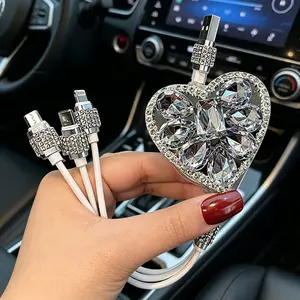 TikTok Viral No More Tangled Wires! 3-in-1 Retractable Love Rhinestone Car Charging Cable