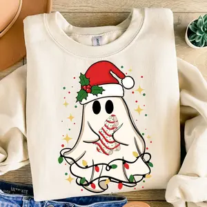 Cute Christmas Ghost Tree Cake Sweatshirt, Merry Christmas T-Shirt, Happy New Year Holiday Clothing, Unisex Classic Cotton