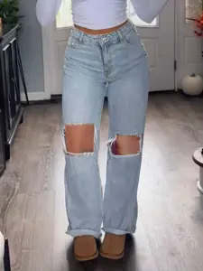 Women's Trendy Fashion Denim Ripped Design New Straight Leg Wide Leg Elastic Comfortable Elegant Long Pants, All Seasons