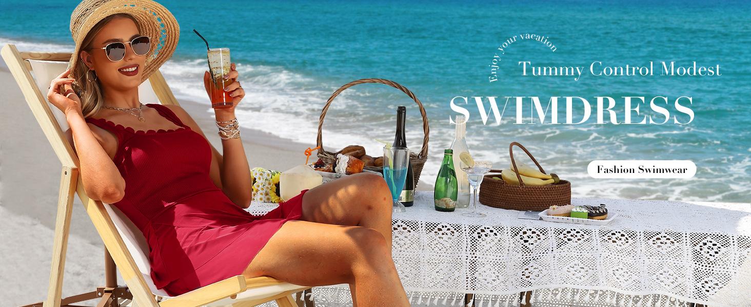 Charmo Women One Piece Swim Dress  Full Coverage Bathing Suit Mesh Sheer Swim Skirt Swimwear Tummy Control Swimsuit