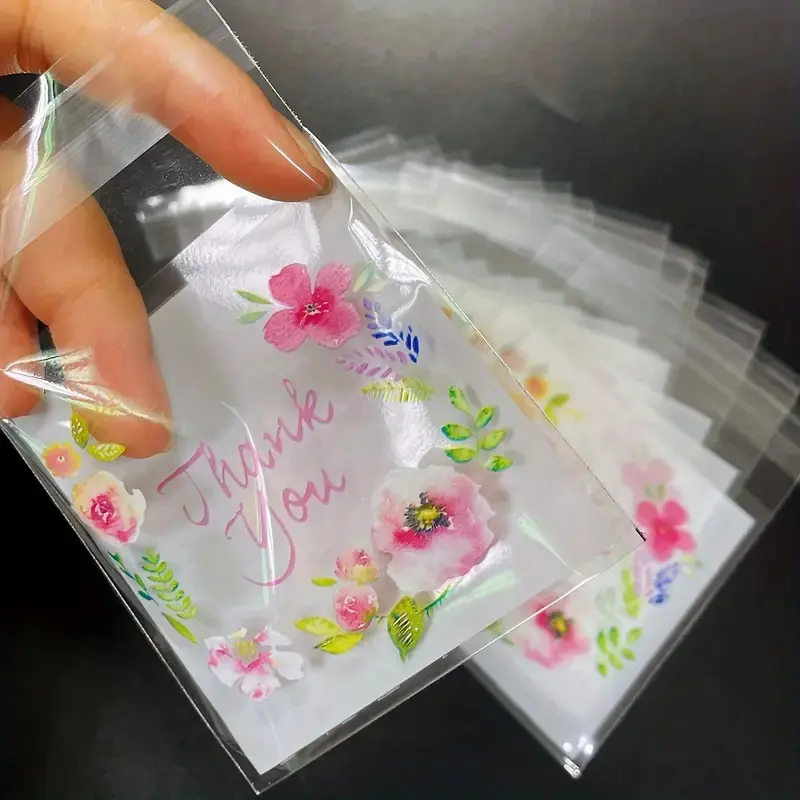 100pcs Baking Packaging Small Cookie Bags, Flower Semi-Transparent Self-Stick Sealing Bags, Candy Gift Bags, Party Decorations, Party Gift Packs, Gift Wrapping Supplies