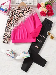 Two-Piece Set Big Girls' Patchwork Leopard Print Top & Elastic Waist Leggings Set, Casual Fashion Round Neck Long Sleeve Top & Skinny Pants for Daily Outdoor Wear, Girls Two-piece Outfits Matching Outfit Set for Fall & Winter