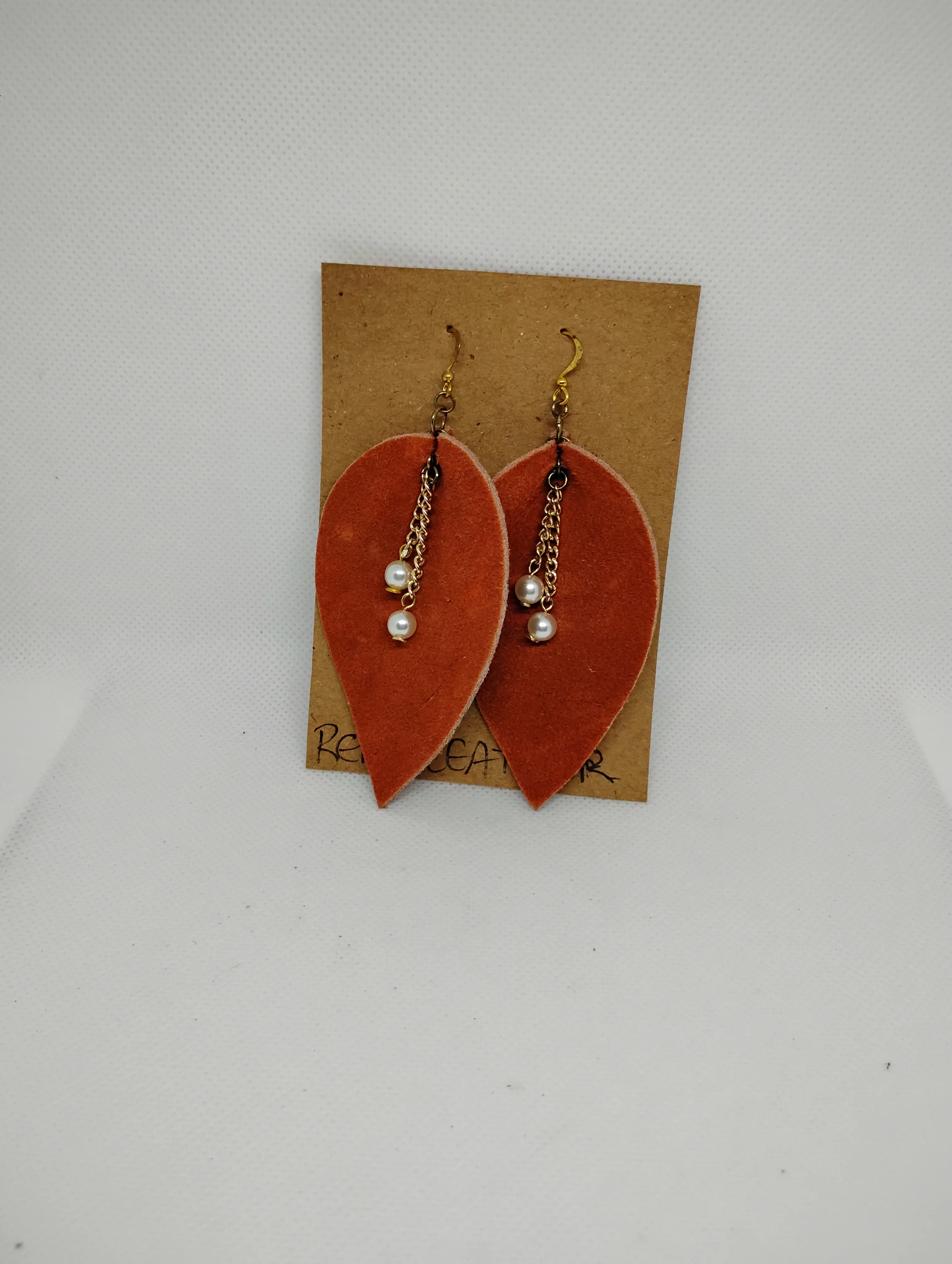 100% Real Leather Lily Flower Earrings with Gold Chains and Pearls Dangling from the Center Real Leather Jewelry