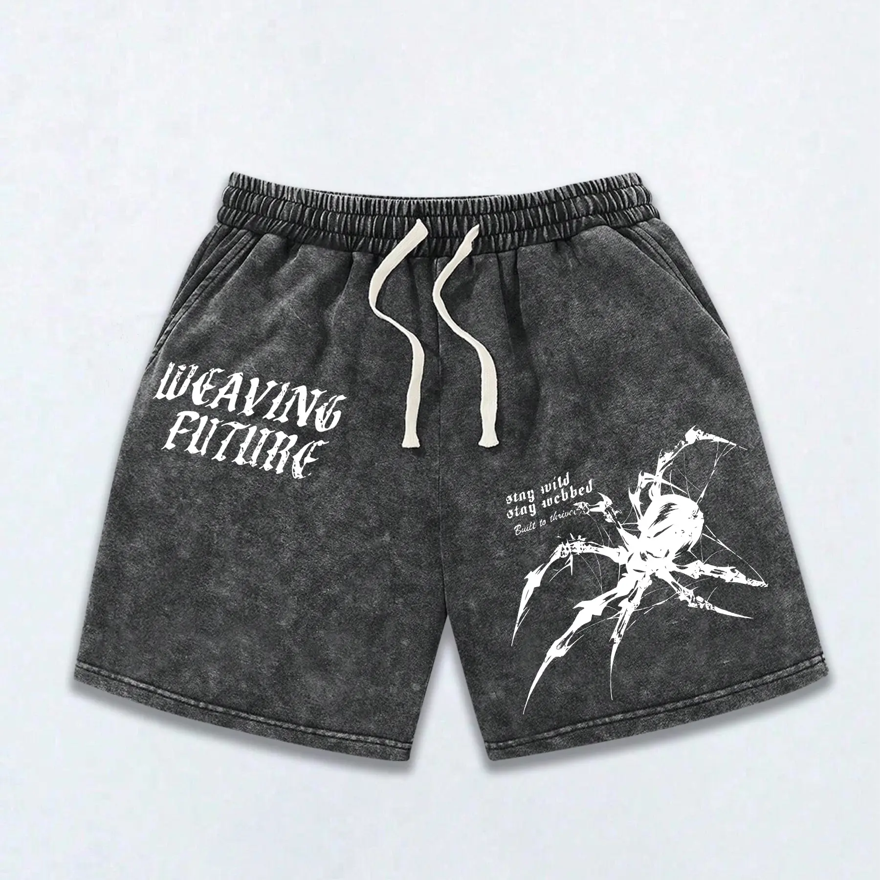 Men’s 2026 fashion cotton shorts—retro washed distressed look, trendy Y2K streetwear with snowflake pattern and unique design, American-style letter spider print. Comfortable fabric that is breathable and lightweight; suitable for surfing and basketball,