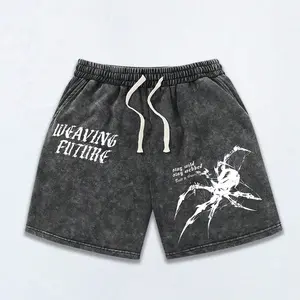 Men’s 2026 fashion cotton shorts—retro washed distressed look, trendy Y2K streetwear with snowflake pattern and unique design, American-style letter spider print. Comfortable fabric that is breathable and lightweight; suitable for surfing and basketball,