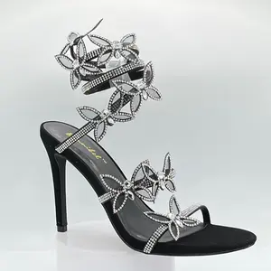 Women's Butterfly Wrap Up Heels with Rhinestone Detail - Elegant and Fashionable Footwear