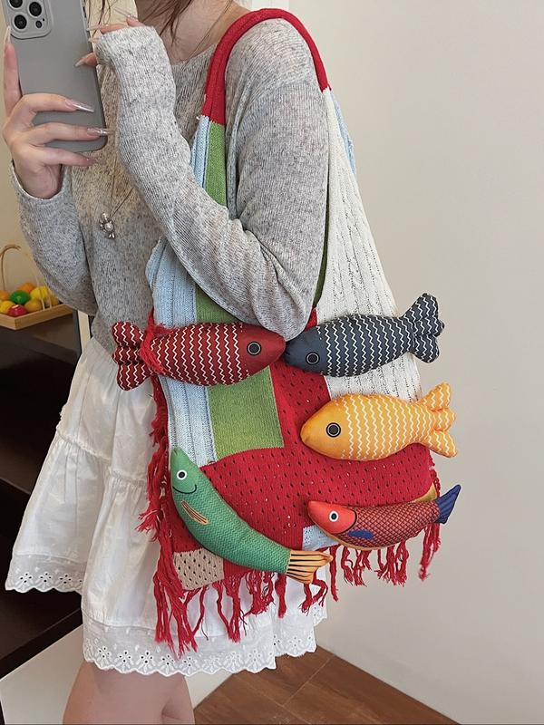 Stylish Rainbow Color Women's Knitted Bag with Colorful Fish Pattern, Versatile Shoulder Bag for Work, Shopping, Outings and Daily Use