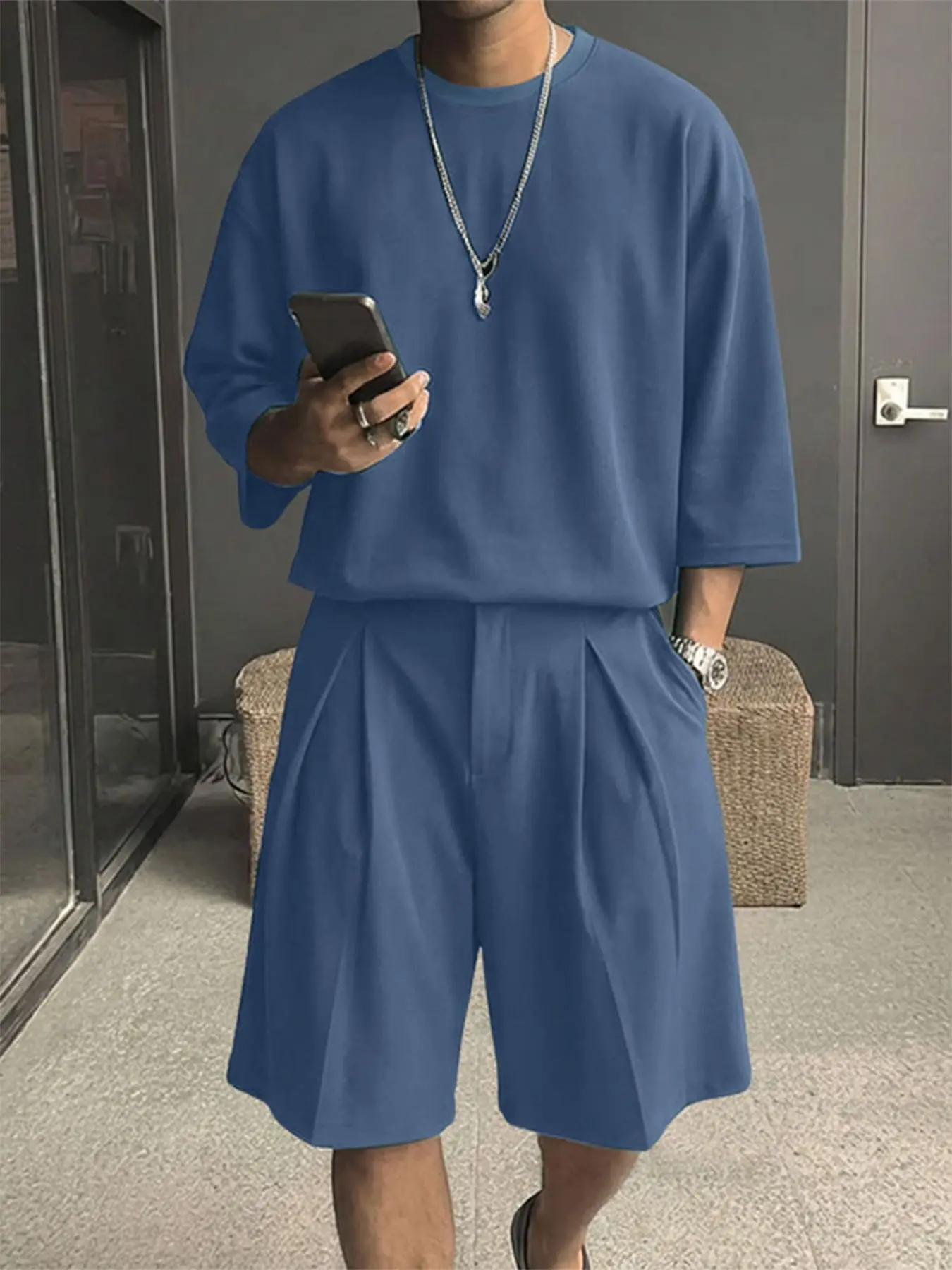 INCERUN Men's Casual Loose Baggy Fashion Set, Menswear, Solid Color Three-Quarter Sleeve Round Neck T-Shirt + Shorts Two-Piece, Comfortable and Stylish