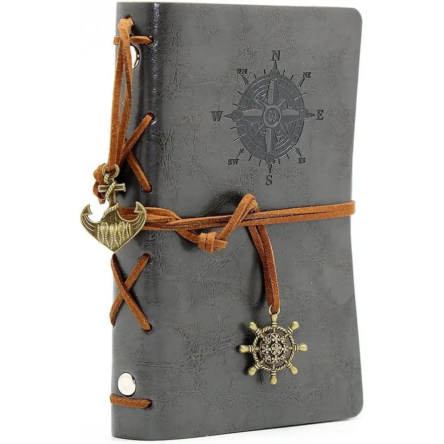 Leather Travelers Notebook - 5.8 in Nautical Spiral, Unlined Craft Paper, 160 Pages/80 Sheets, Refillable, Embossed Cover, Retro Pendants, Grey Office Stationery for Adventure Sketching & Note-Taking