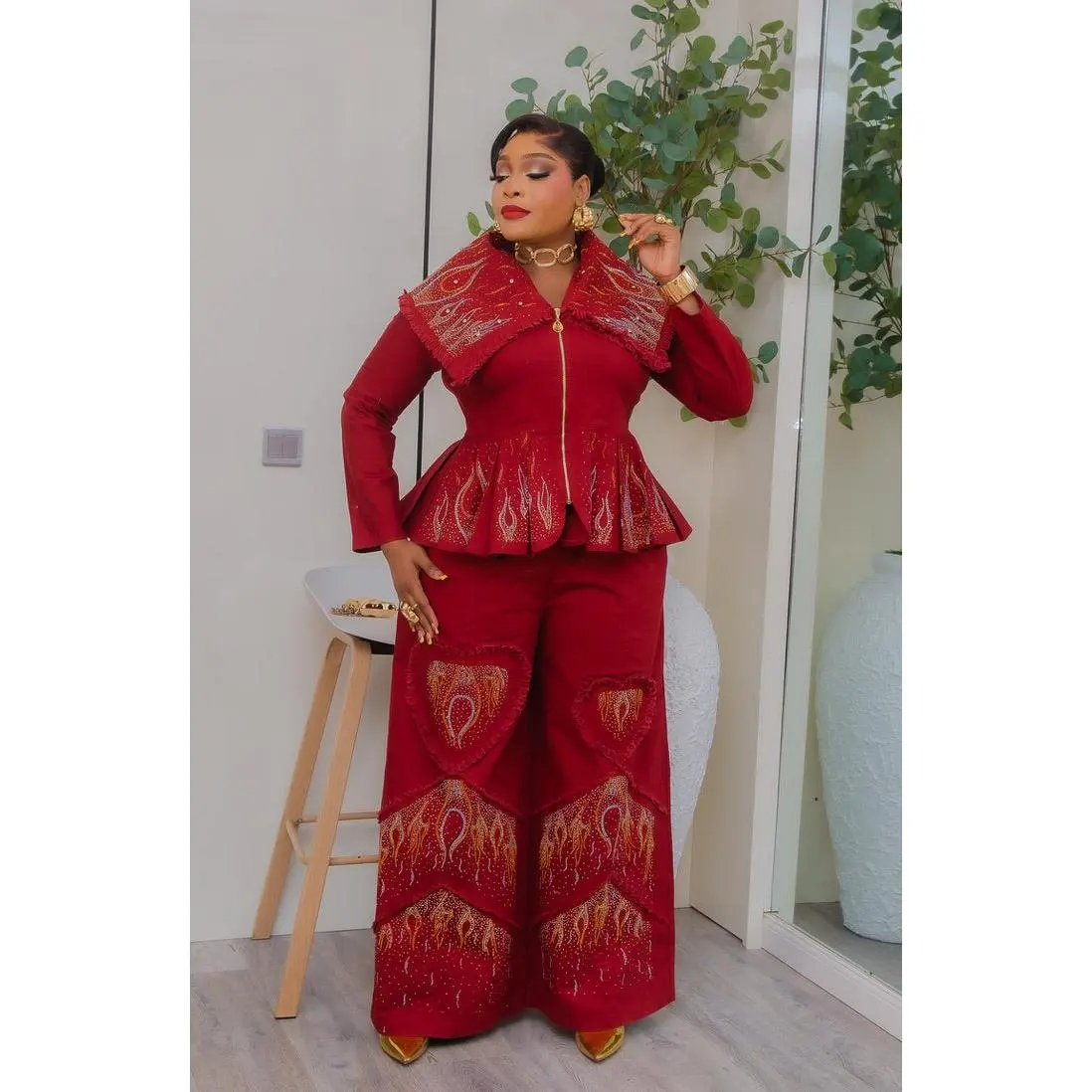Red Denim & Diamonds 2-Piece Set, Curvy Stretch Jeans Rhinestone Peplum Top + Wide-Leg Pants, Statement Birthday Outfit