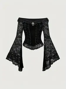 Gothic Court Style Cross Decoration Contrast Lace Flounce Sleeve off Shoulder Velvet Fitted Women's Shirt, Elegant Party Wear, Fall & Winter Fashion