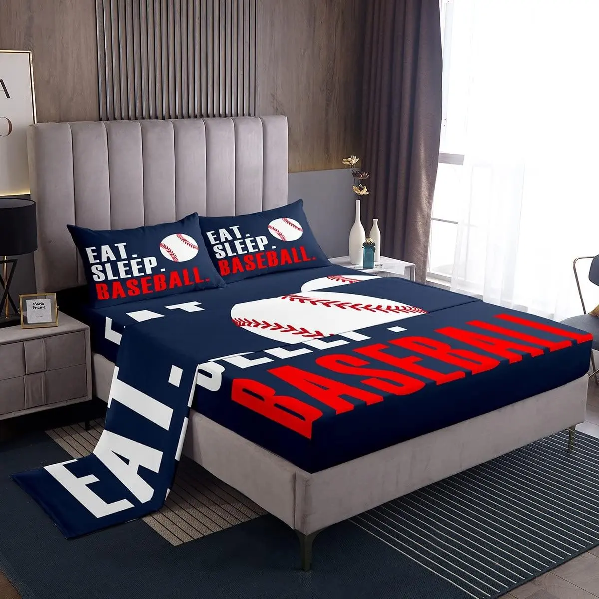 Feelyou 3D Baseball Ball Microfiber Bedding Sheet Set - Breathable Soft Bedsheet Sets, Deep Pocket Fitted Sheet for Kids, Ball Games Room Decor (Blue, Eat Sleep Baseball Design), Microfiber Bed Sheet