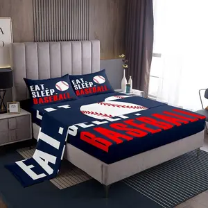 Baseball 3D Ball Sports Sheet Set for Boys Girls Women Men,Blue Eat Sleep Baseball Bed Sheets Set,Ball Games Room Decor Deep Pocket Fitted Sheet