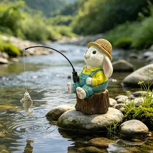 Straw Hat Fishing Bunny Statue | 2 Styles | Easter Garden Decor | Waterproof Outdoor Resin Pond & Fish Tank Ornament & Gift