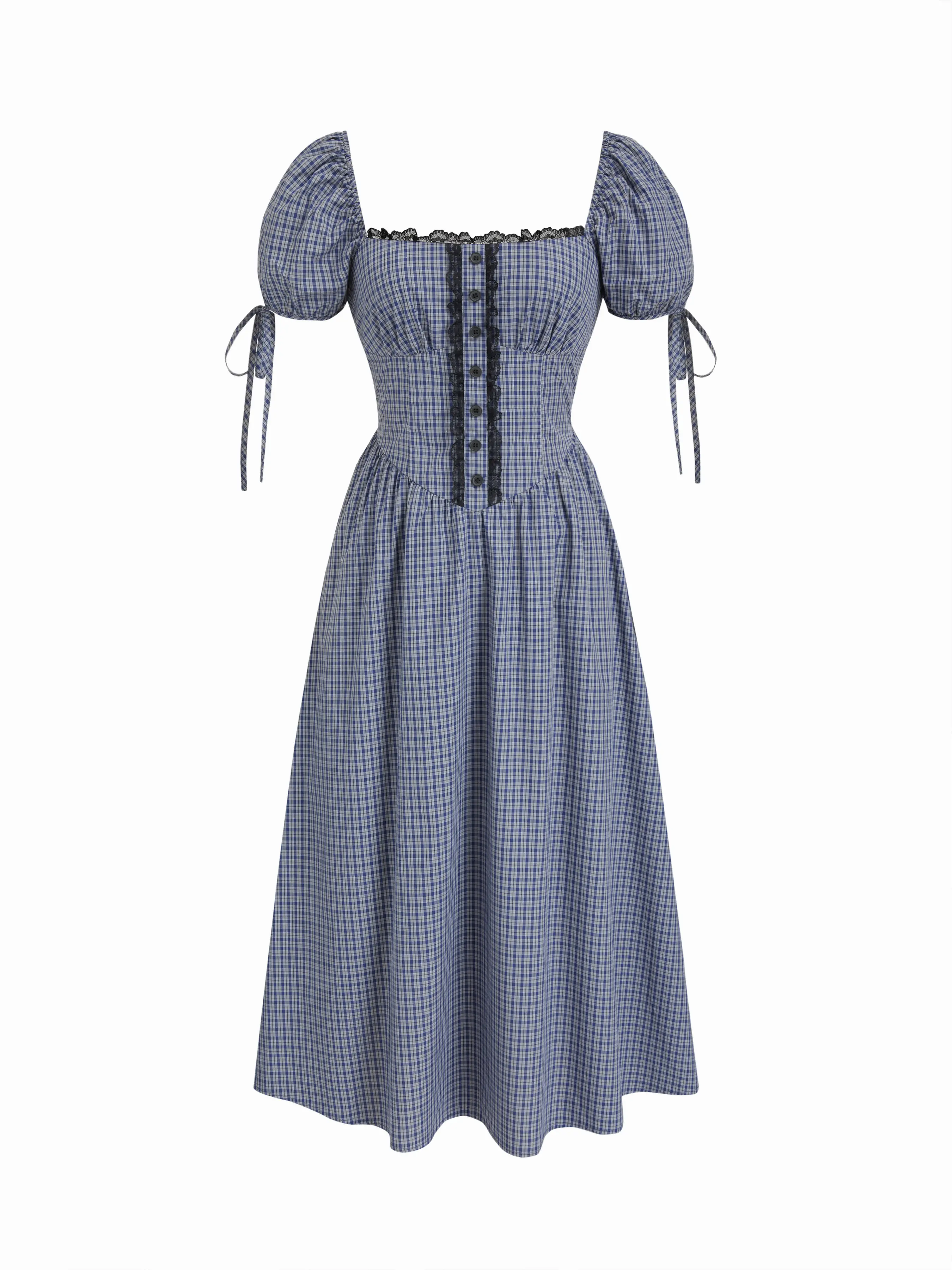 Cider Women's Cotton Plaid Midi Dress - Square Neck, Puff Sleeves, Knotted Detail, Lace Trim