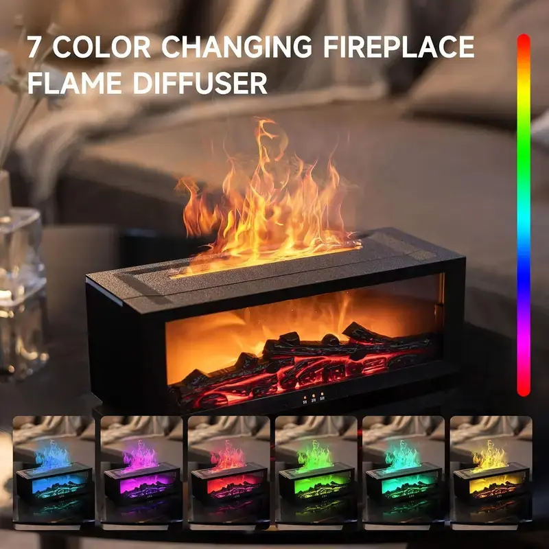 Fireplace Flame Air Diffuser Humidifier, Fragrance Aroma Humidifier, Aromatherapy Diffuser Adjustable 7 Colors, USB Plug & Timer, 10 Scenes for Home Office Yoga Halloween Christmas Gift, Humidifier Atmosphere Light