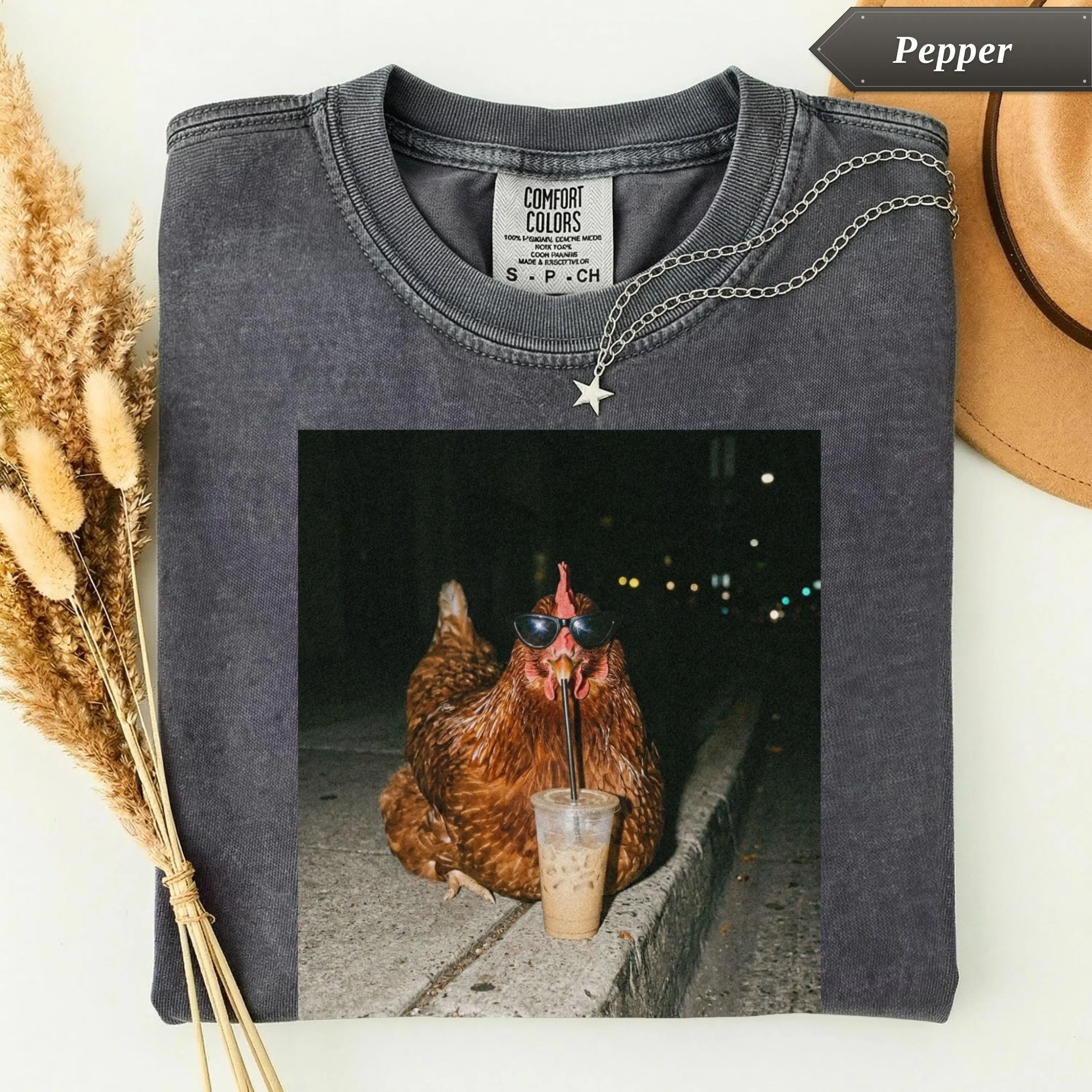 Comfort Colors Chicken Drinking Iced Coffee Shirt, Funny Animal Graphic Tee, Quirky Gift Idea, Sarcastic Humor Shirt, Trendy Novelty Design