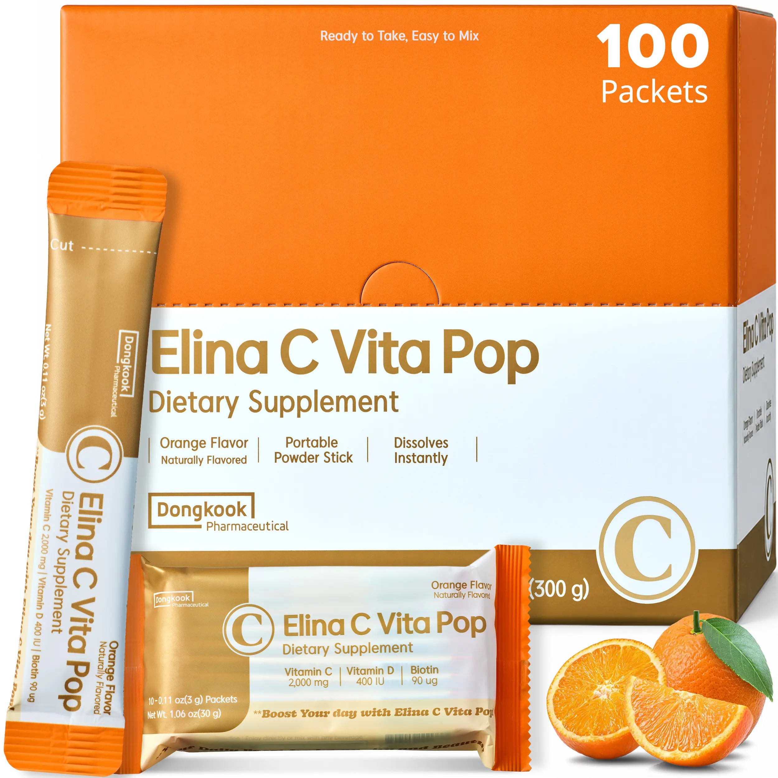 DONGKOOK Vita Pop Korean Vitamin C 2,000mg + Vitamin D + Biotin Powder Packets, Zero Sugar, Vitamin C Supplements, Immune & Energy Support, Non-GMO, Orange Energy Drink Mix (Orange 100packets)