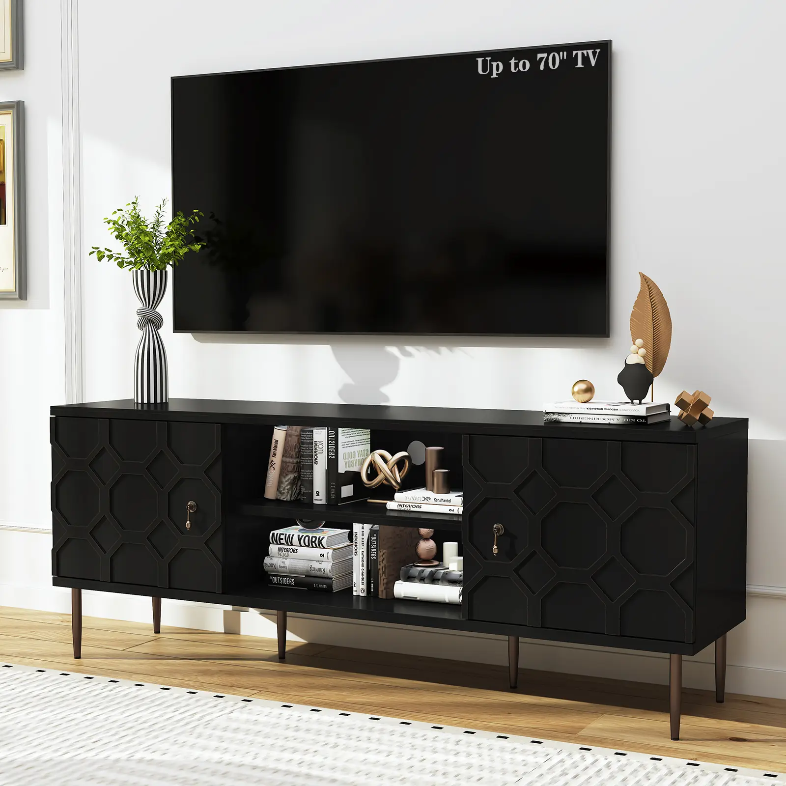 American Modern TV Stand for 65/70/75+ Inch TV, Entertainment Center with Storage Cabinets & Open Shelves, Embossed Honeycomb Media Console for Living Room, Bedroom