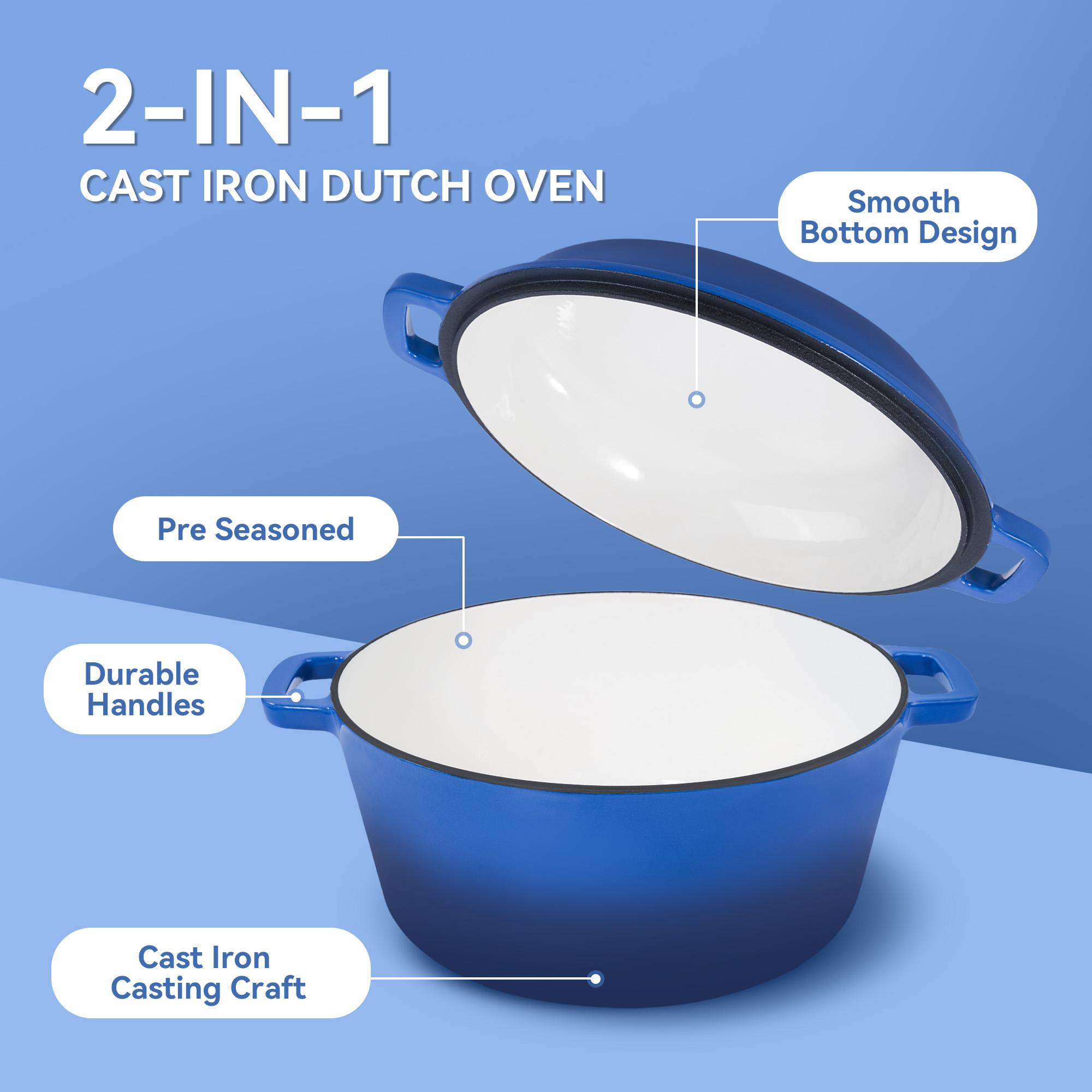 26cm 2-in-1 Enameled Cast Iron Dutch Oven with Skillet Lid, Heavy Duty Soup Pot for Braising, Baking and Daily Cooking braiser pan