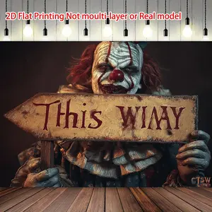 1pc 2D Flat Vintage Circus Clown Halloween Banner Scary Clown Decoration with THIS WAY Sign No Electricity Needed Easy Hang Party Decor for Haunted House Birthday Carnival Photo Backdrop Ornaments White