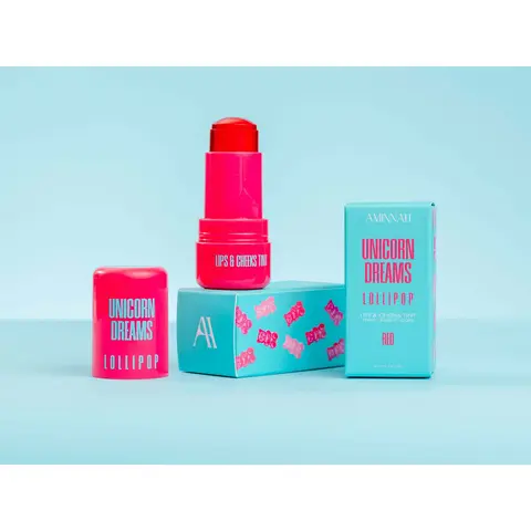 AMINNAH Unicorn Dreams LOLLIPOP Lips & Cheeks Tint, Vibrant Red Glossy Lip Stain with Natural Ingredients, Single Item