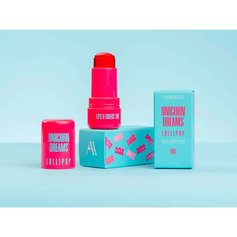 AMINNAH Unicorn Dreams LOLLIPOP Lips & Cheeks Tint, Vibrant Red Glossy Lip Stain with Natural Ingredients, Single Item