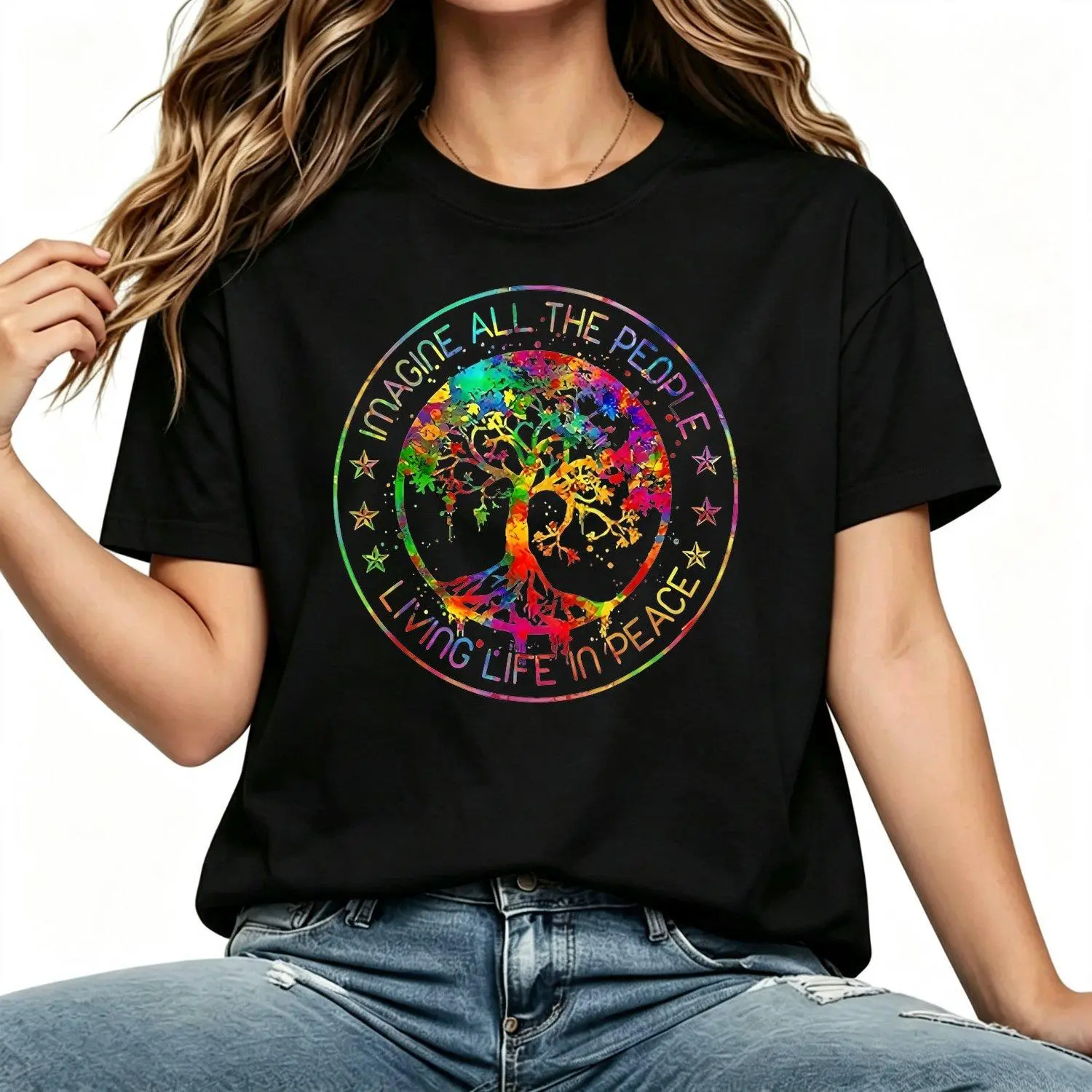 Women T-shirts NEW LIMITED All The People Imagine Living Life in Peace Hippie Tie Dye Same Style for And 2025 Summer Short-Sleeved Printed Pure Tee Top