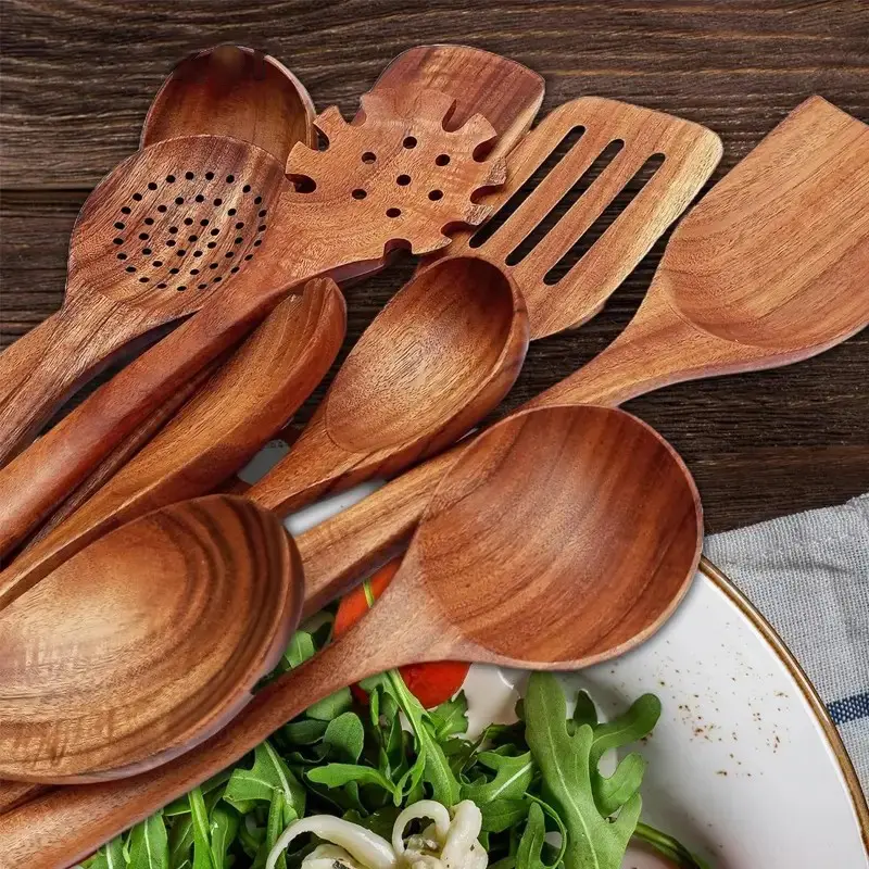 Teak Wood Kitchen Set 10-Piece, Natural Eco-Friendly Utensils, Non Toxic Wooden Utensils For Cooking, Safe Non-Toxic, Durable Teak Cookware, Wooden Cooking Tools, Wooden Spoon Set