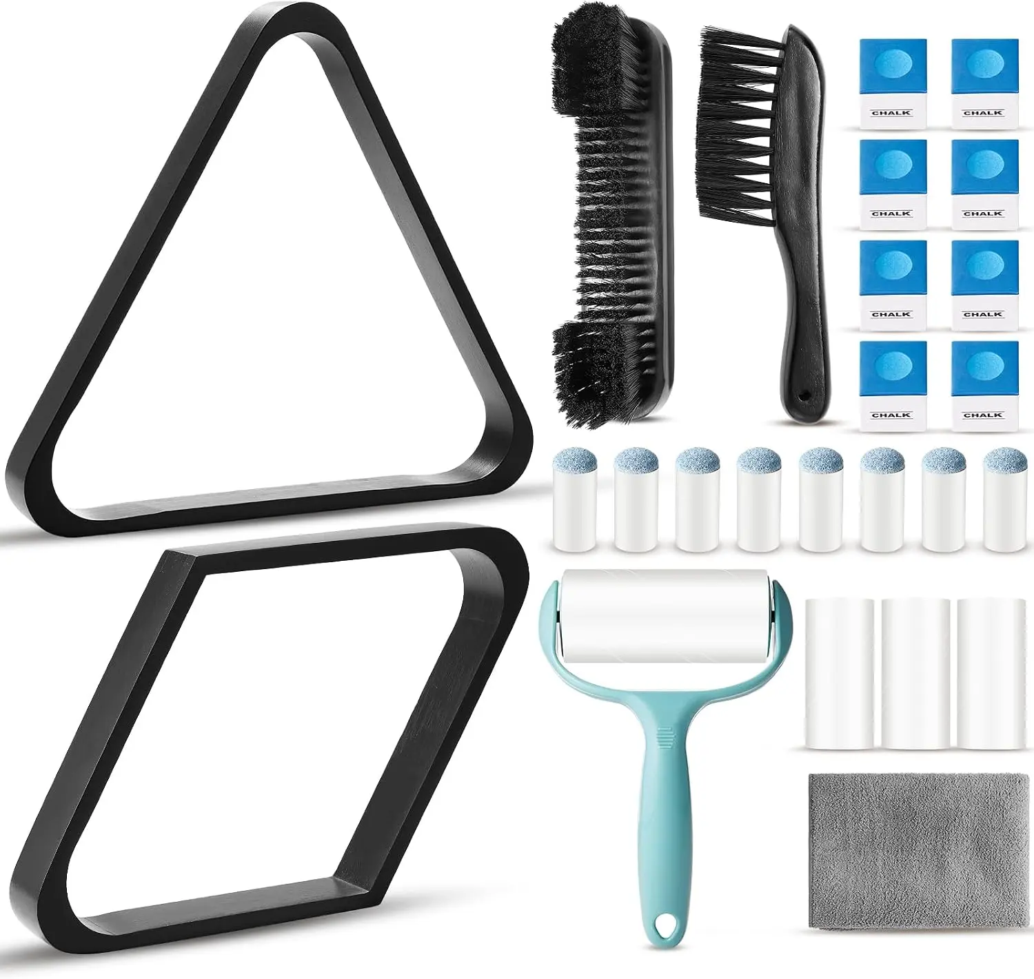 22 Pcs Pool Table Brush Set Wooden Billiard Rack 8 or 9 Ball Triangle Diamond for 2-1/4" Pool Ball with Polish Cloth Sticky Lint Roller Cue Chalk Cube Accessories