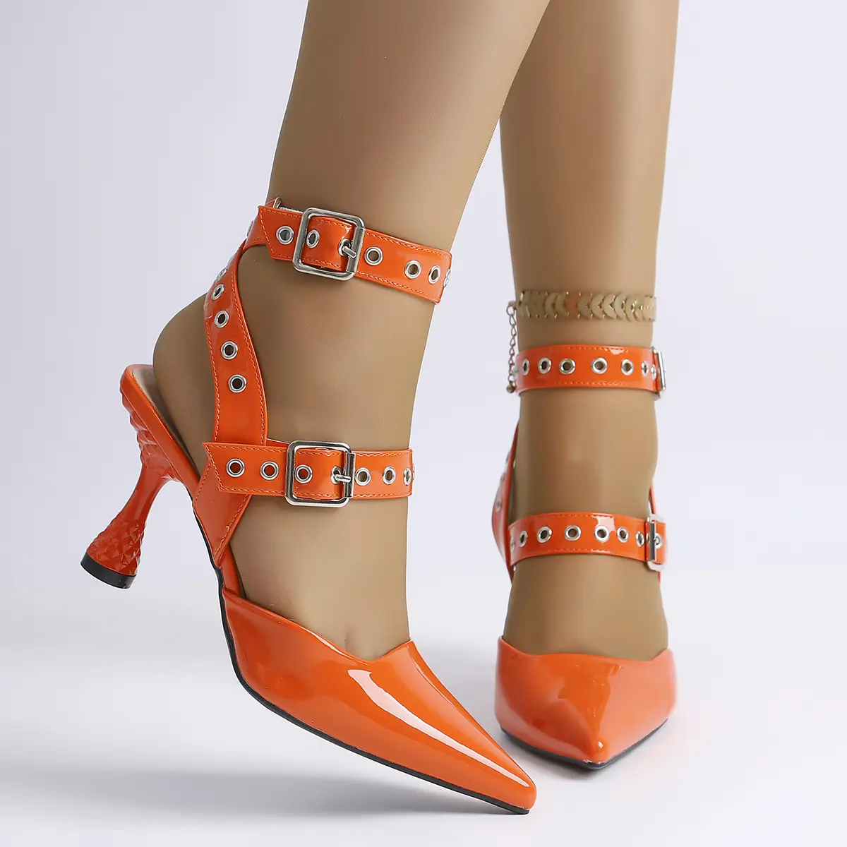 Women's Orange PU Leather Elegant High-Heel Sandals - Pointed Toe, Buckle Design, Stylish Footwear for Business & Casual Wear