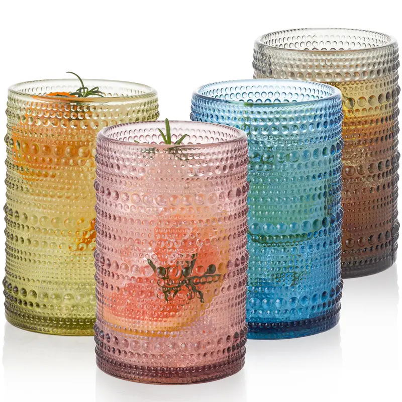 Polidream Vintage Glassware Set - 4pcs Drinkware Multicolor 15.2oz Hobnail Drinking Glasses for Beer, Cocktail, Soda & Juice - Embossed Old Fashioned Glassware with Four Unique Colors   wineglass anthropologie  juice