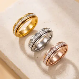 Anxiety Rings for Women and Men Titanium Steel Spinner Fidget Band Rings with Cubic Zirconia for Stress Relief and Wedding Promise Comfort Fit Size 5 to 12