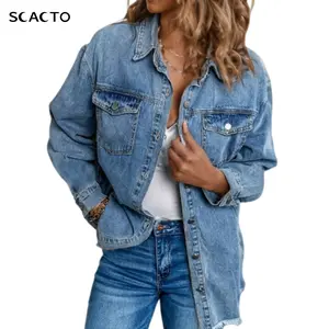 Scacto Women's Lady Collared Blouse - 100% Polyester Distressed Denim Longsleeves Top, Regular Fit, Regular Sleeve, Raw Hem, Edgy Casual Style, S-3XL Sizes for Everyday Wear