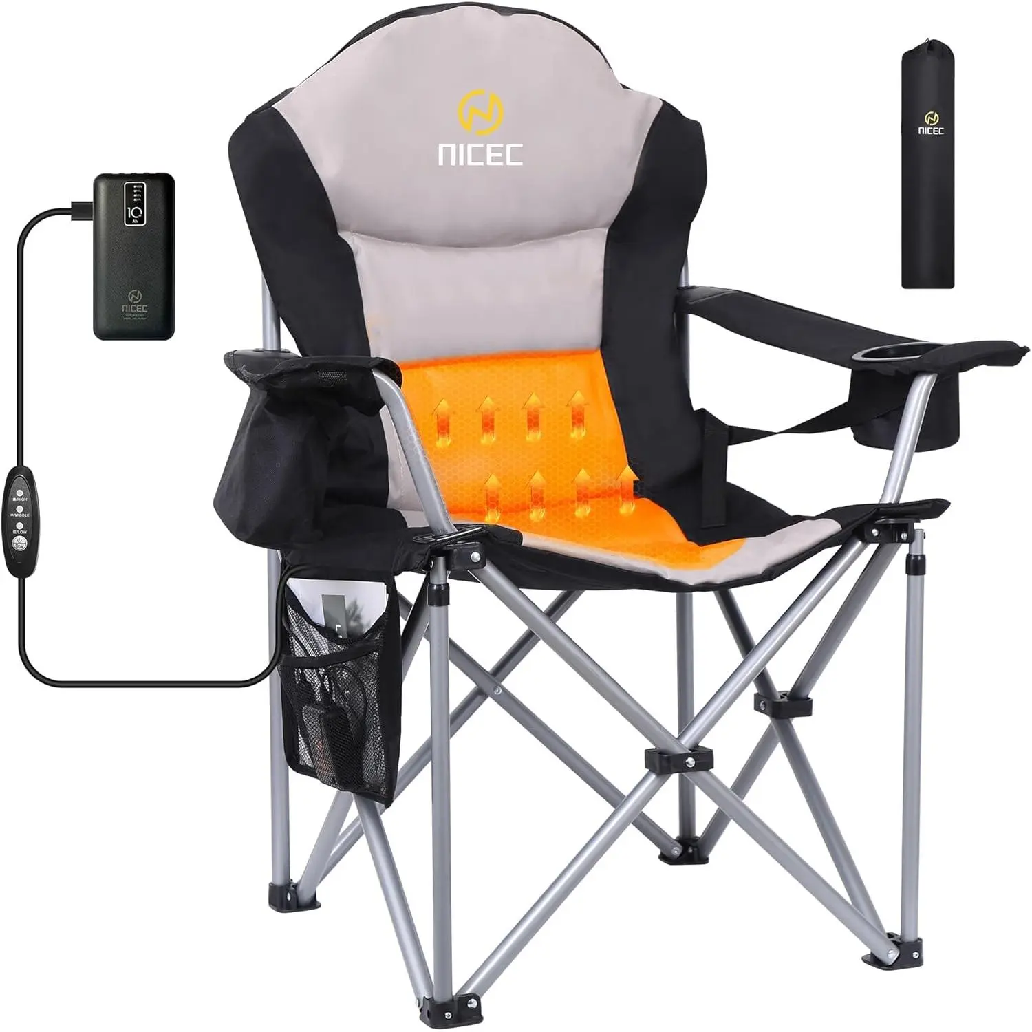 Outdoor Heated Chair, Heated Camping Chair, Folding Chair, Beach Chair, Wide&Thick Padding, Heavy Duty Cooler, Carry Bag, Cupholder & Side Pockets