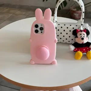 Cute 3D Cartoon Pink Rabbit Silicone Stand Phone Case Casing Accessories For iPhone 13 14 15 16 Pro Max Shockproof Protective Cover