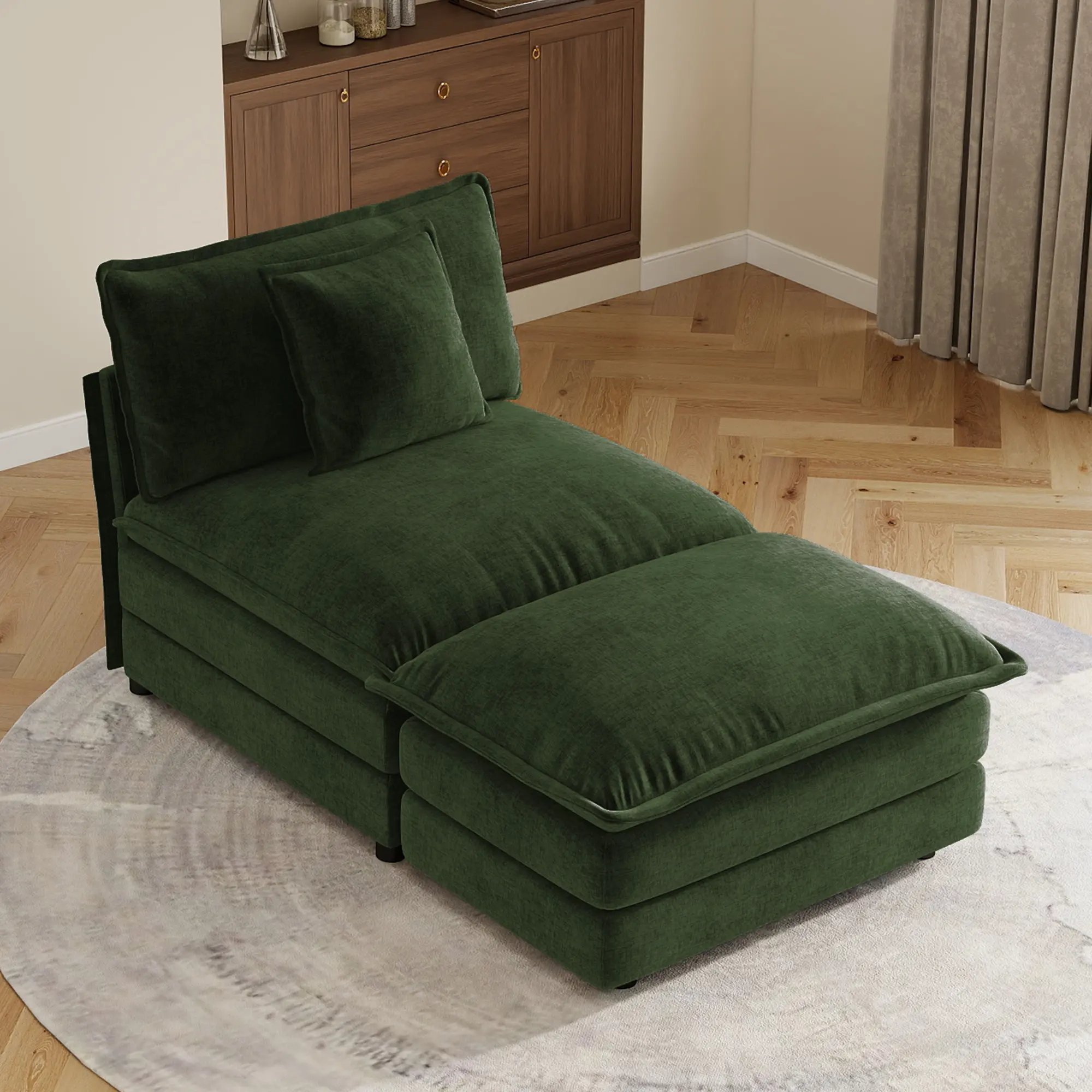 Green Chenille Armless Modular Sectional Sofa with Ottoman, 1-Seat, Solid Wood Frame, High-Density Foam, Easy Assembly, 34Wx55Dx35H Inches, Chenille Material, Green Color