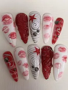 Gothic Red Valentine Press On Nails, 3D Gel Swirls, Lips, Eyes, and Stars Nail Set, Valentine nails, Chrome nails, Y2k nails, Classic nails, Y2k Nails, Reusable Handmade Nail Art